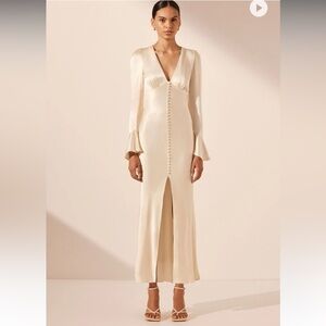 La Lune Frill Cuff Bias Midi Dress - Cream
